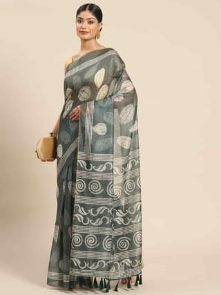 Women's Pure Cotton block print saree with unstiched blouse piece
