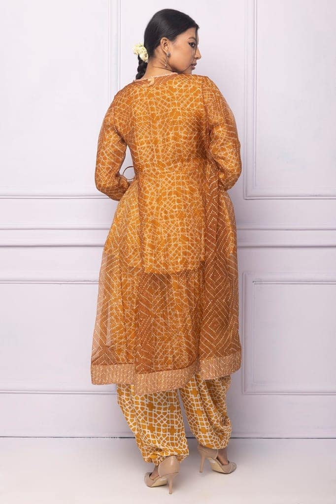 Muddy Yellow Organza Printed Angrakha view 4