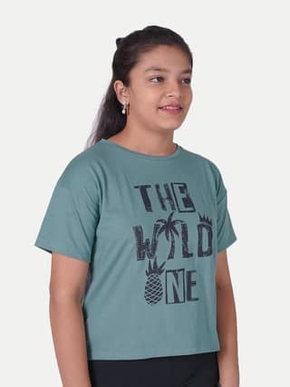 Teen Girls Teal Printed Cropped Crew Neck T-shirt