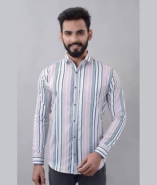 MOUDLIN Cotton Blend Slim Fit Striped Full Sleeves Men's Casual Shirt - Pink ( Pack of 1 )