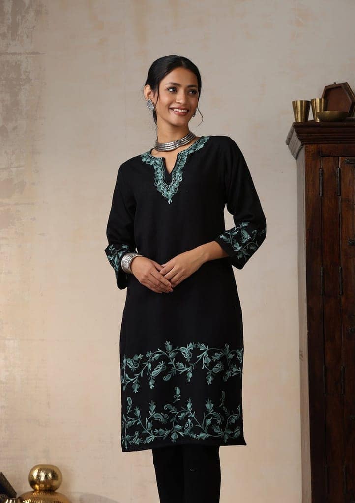 HOC Crafts Aari Embroidered Woollen Solid Women's Long Kurta - Black view 4