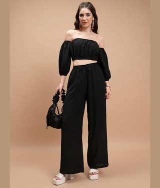 Ketch Women Solid Top With Trousers Co-Ord Set ( Black )