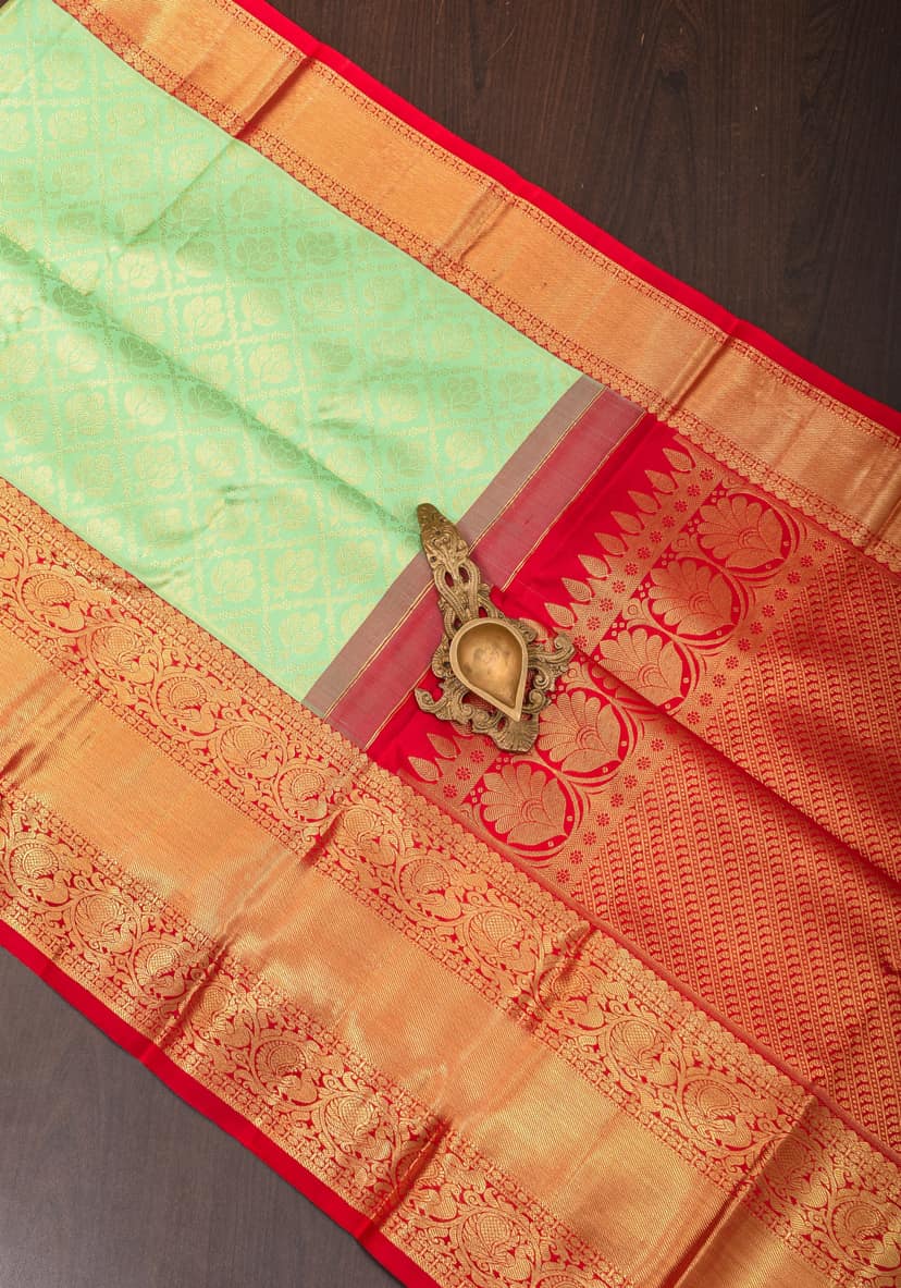 Mint Green Zari Brocade Kanjivaram Silk saree With Contrast Red Border | SILK MARK CERTIFIED view 2