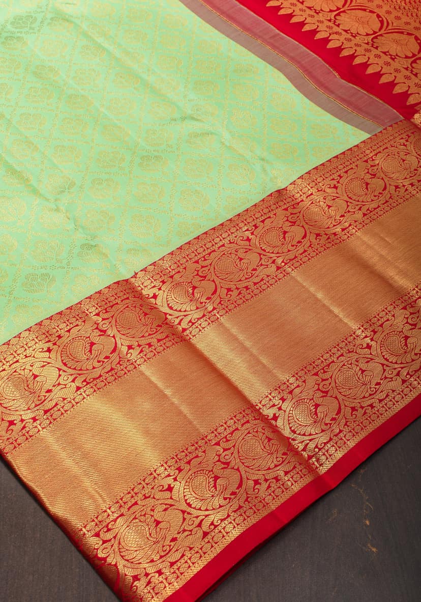 Mint Green Zari Brocade Kanjivaram Silk saree With Contrast Red Border | SILK MARK CERTIFIED view 3