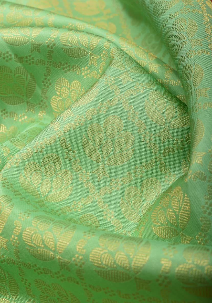 Mint Green Zari Brocade Kanjivaram Silk saree With Contrast Red Border | SILK MARK CERTIFIED view 4