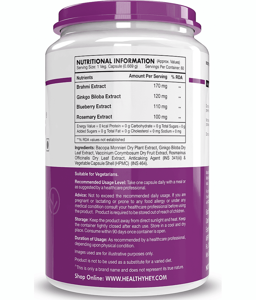 HEALTHYHEY NUTRITION BrainFocusBrain MemoryFocus60VegCapsules 500 mg view 2