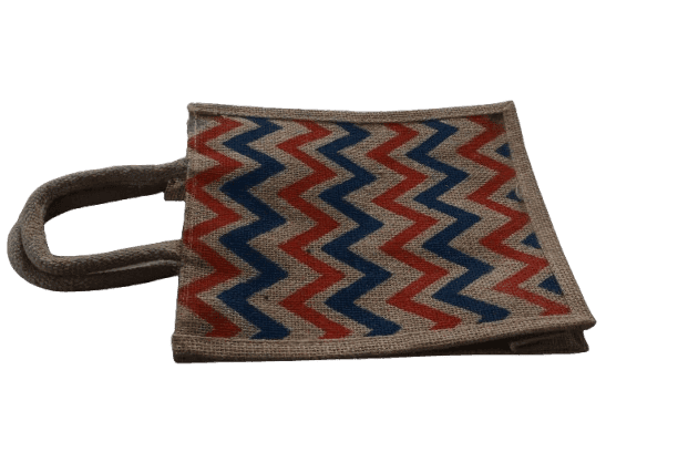 Stylish Red & Blue Zigzag Jute Tote Bag - Eco-Friendly Lunch & Gift Carrier view 3