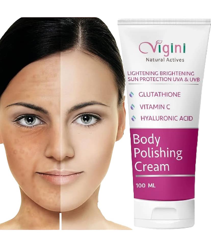 Vigini Skin Lightening Whitening Fairness Body Brightening Polishing Cream SPF30 Moisturizer D-Tan Pigmentation Dark Spots Removal Remover Lotion Gel Glutathione Kojic Hyaluronic Acid & Vitamin C Men Women Use With Face Wash Serum Facial Kit Goree Gora Oi