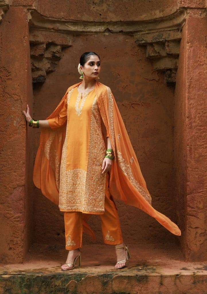 HOC Crafts Cotton Aari Embroidered Solid Women's 3 PC Long Kurta Set - Mustard view 2