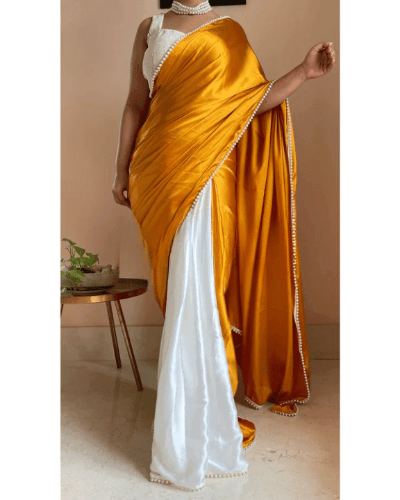 PURE SATIN SILK HALF HALF CONCEPT SAREE WITH PEARL LACE BRODER AND RUNNING BLOUSE PIECE view 2