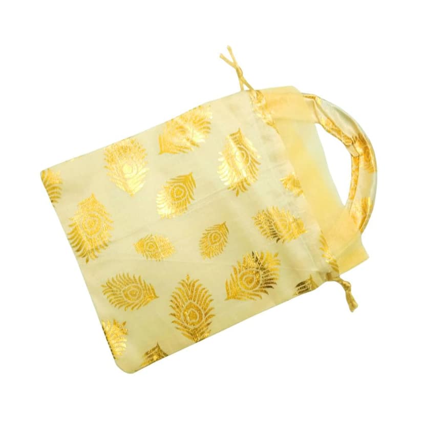 Premium Golden Peacock Feather Design Potli Bag | Elegant Drawstring Gift Bag for Weddings, Parties, and Festive Occasions | Silk Cloth Pouch for Jewelry, Return Gifts and Favors (Pack of 5)