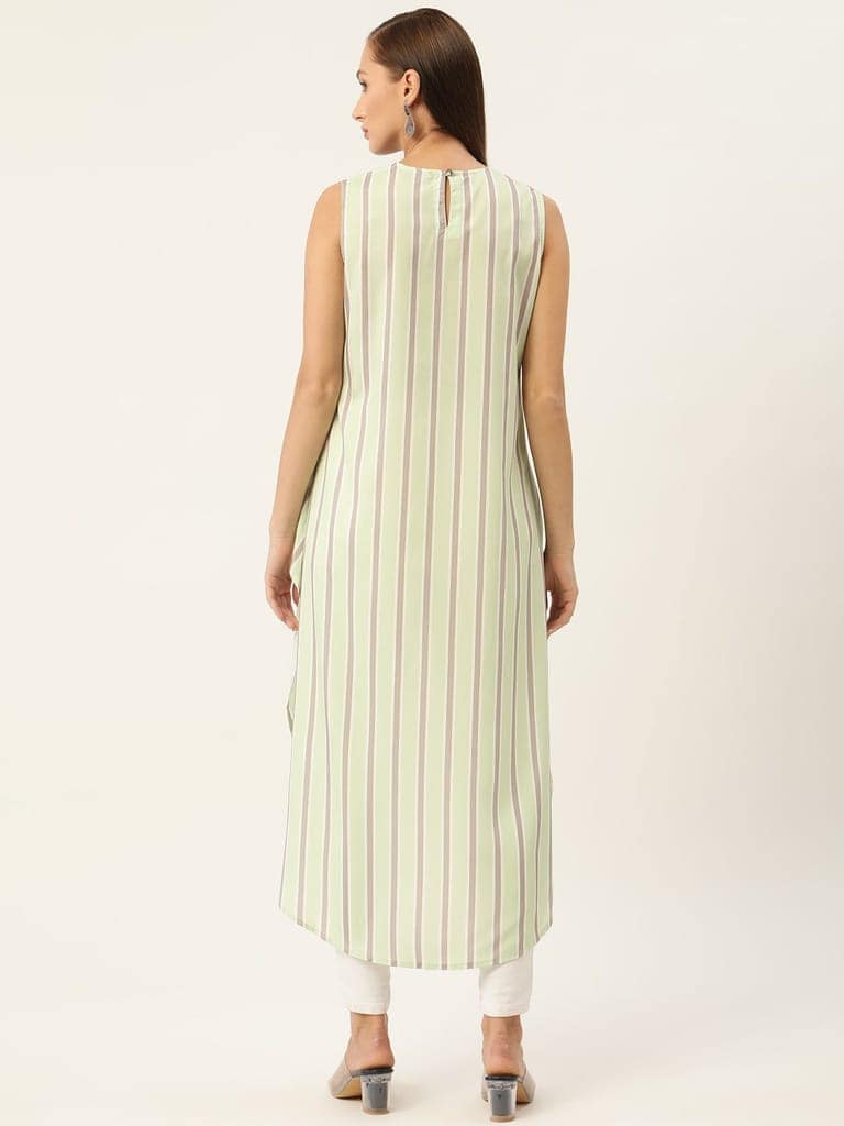 Green & Taupe Striped Crepe High-Low Longline Top view 4
