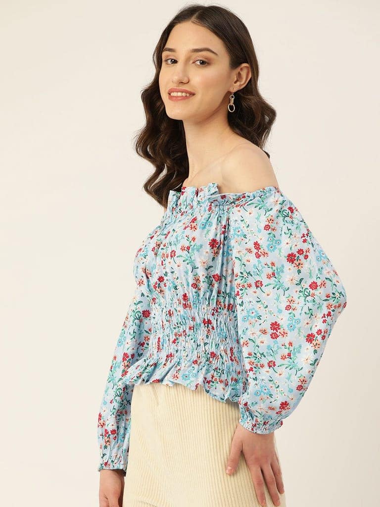Solid Off-Shoulder Smocked Crepe Top view 5