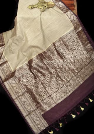 Taupe Linen Banarasi Saree with Brown Zari Border