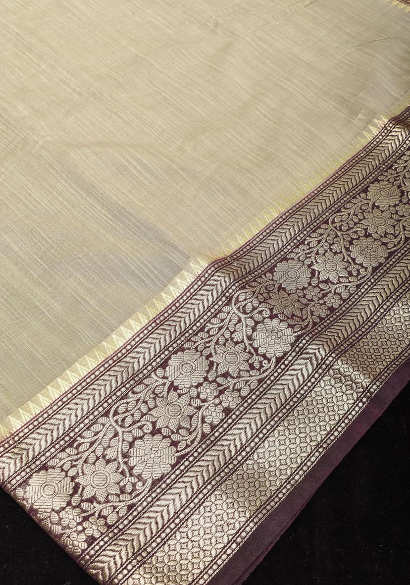 Taupe Linen Banarasi Saree with Brown Zari Border view 2