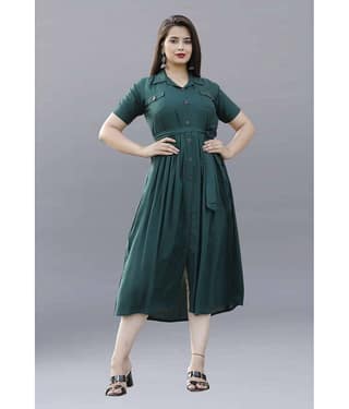 ZAMAISHA Women Rayon Solid Shirt Dress ( Green )