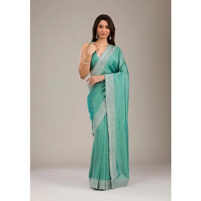 womens silk embroidred saree with unstitched blouse 5mtr light green pid62487