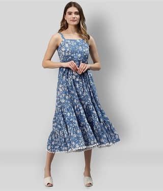 Divena Women Cotton Printed Fit & Flare Dress ( Navy Blue )