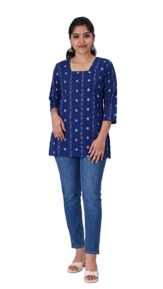 GHL Women's Premium Sambalpuri Ikat Handloom Cotton Short Kurti | Square Neck Ethnic Top | Office Wear, College Wear & Casual Kurti for Women