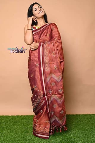 Traditional Khun Saree – Cotton Resham Authentic Handwoven, Rust Orange Weave with Kashida work – Red Border