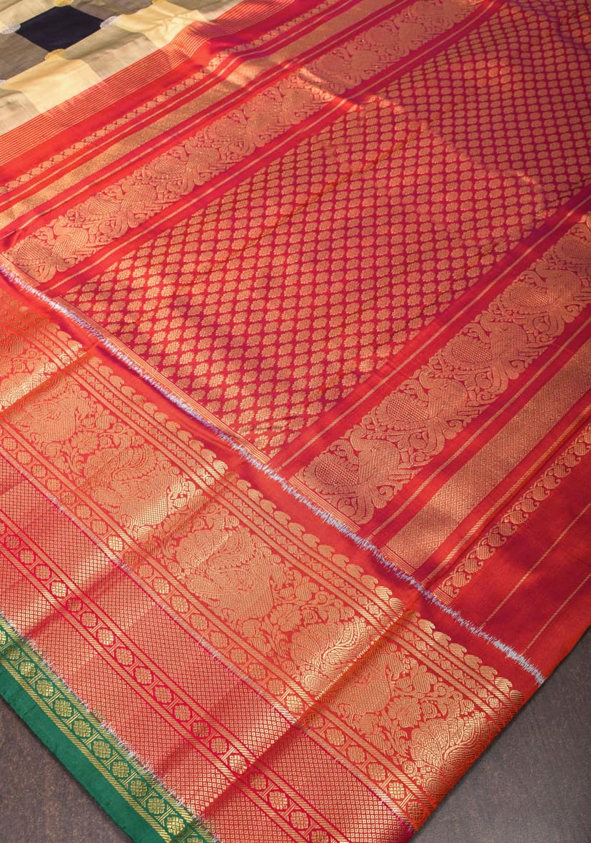 Beige and Black Kanjivaram Pure Silk Saree with Checks and Red Border | SILK MARK CERTIFIED view 5