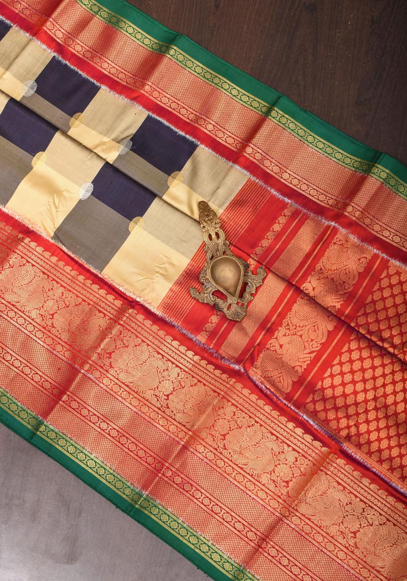 Beige and Black Kanjivaram Pure Silk Saree with Checks and Red Border | SILK MARK CERTIFIED view 7