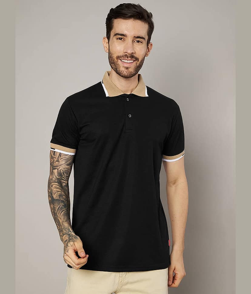 Leotude Men Cotton Blend Regular Fit Solid Polo T Shirt ( Black )