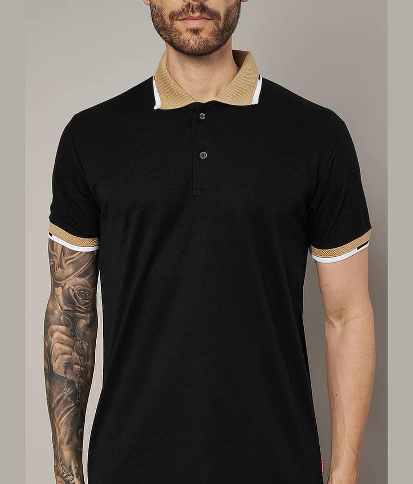 Leotude Men Cotton Blend Regular Fit Solid Polo T Shirt ( Black ) view 2