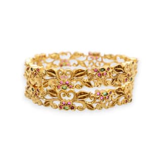 Gold Plated Floral Vine Design Bangle with Pink & Green Stones – Elegant Traditional Jewelry P