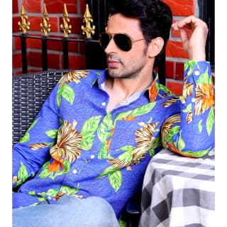 Hibiscus Flower Cobalt Blue Casual Pure Linen Full Shirt (Size - S) by BLUE EAGLE