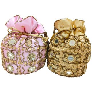 Golden Dark Maroon Premium Silk Potli Handmade Bag For Women (Pack of 2)