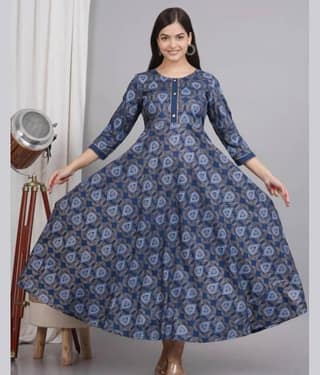 SHREE JEE FABRICS Pack of 1 Rayon Printed Anarkali Women's Kurti - ( Blue )