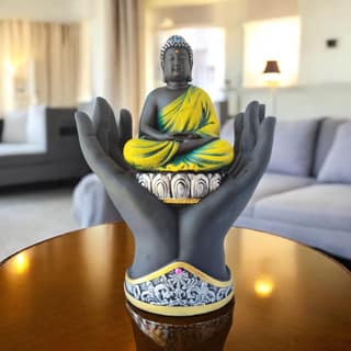 AMS Black & Yellow Polyresin Palm Buddha Statue with Hand Base | Gautama Buddha Idol for Home Decor, Office Desk, Meditation Room | Spiritual Gift for Housewarming, Birthday & Buddha Purnima