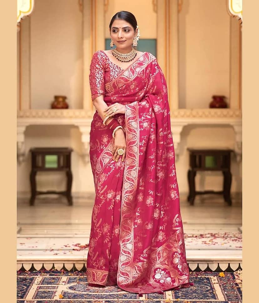 YUG ART Banarasi Silk Embellished Saree With Unstitched Blouse Piece ( Rama )