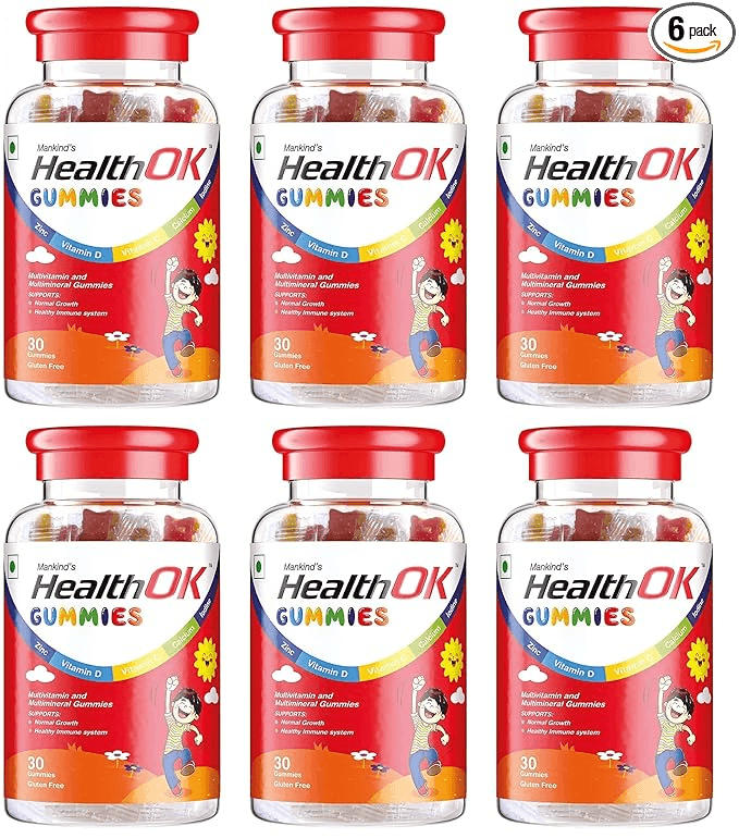 Health Ok Mankind Gummies Multivitamin and Multimineral for Kids Supports Normal Growth Healthy Immune system and Brain Function for 7 -17-year-old Bottle of 30 Gummies x Pack of 6