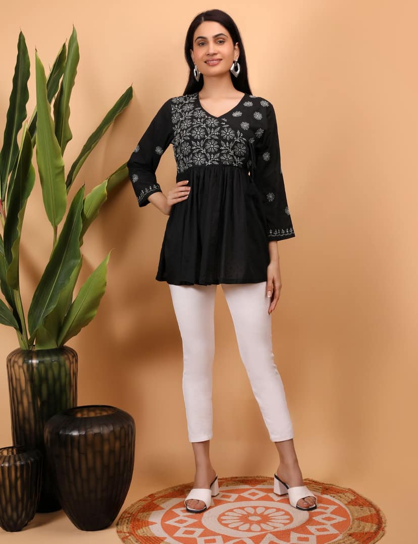 Shwet Women Black Chikankari Angarkha Top view 3