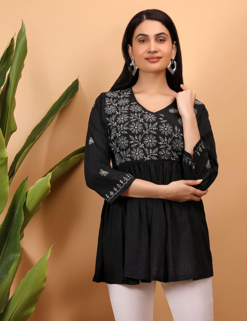 Shwet Women Black Chikankari Angarkha Top view 4