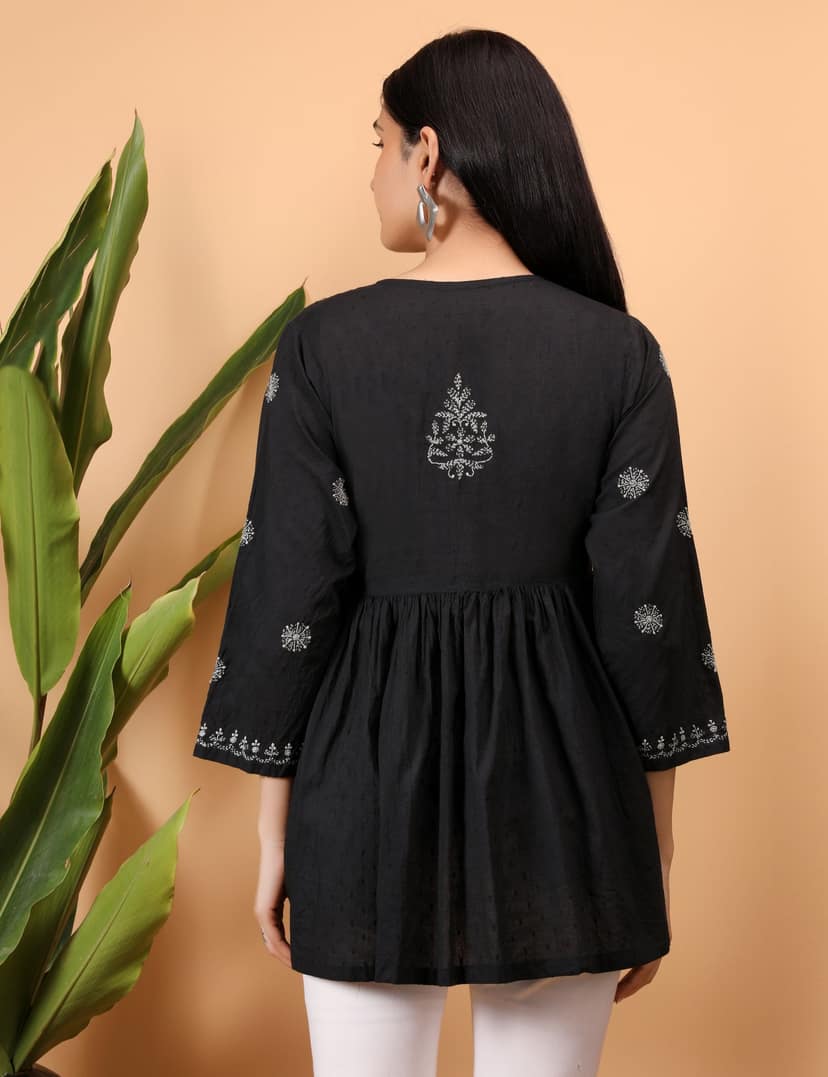 Shwet Women Black Chikankari Angarkha Top view 5