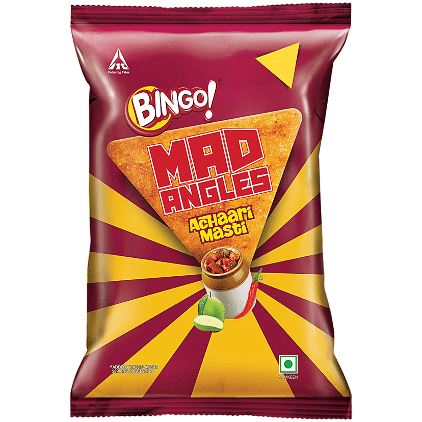 Bingo! Bingo! Mad Angles Achaari Masti Mango Pickle Flavour Crunchy Triangle Chips Pack, 130 G view 2