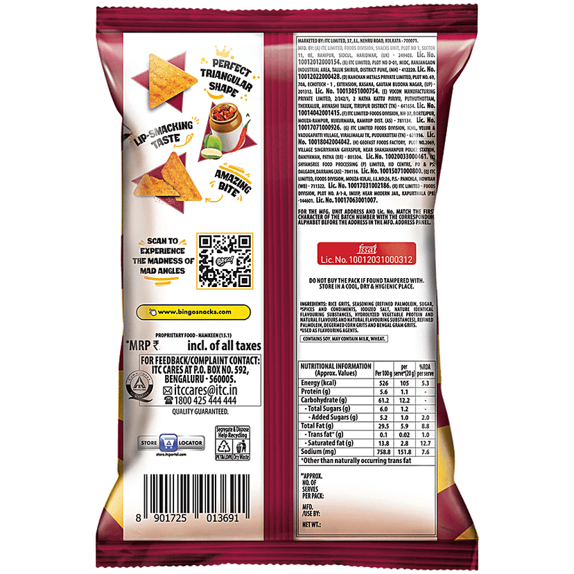 Bingo! Bingo! Mad Angles Achaari Masti Mango Pickle Flavour Crunchy Triangle Chips Pack, 130 G view 3