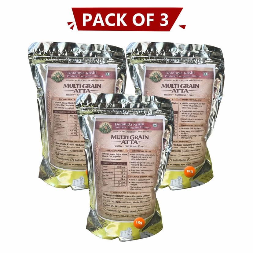 Multi Grain Atta 1 Kg Pack of 3 by Dorangla Krishi Producer Company – Pure, Natural & Farm-Fresh Multi Grain Atta for Daily Cooking. view 2