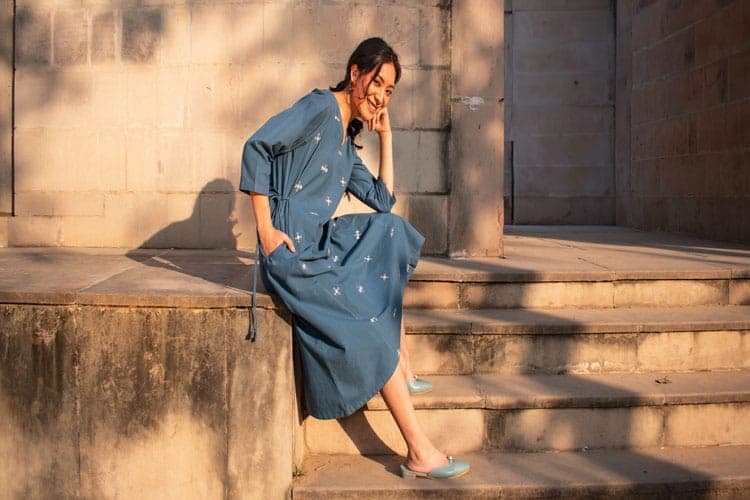 Akriti Blue Handwoven Extra-Weft V neck Dress view 7