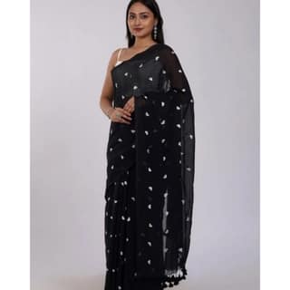 womens linen printed saree with unstitched blouse 5mtr black pid62476
