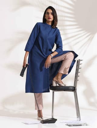 trueBrowns Blue Slub Kurta Set - Maroon (L)