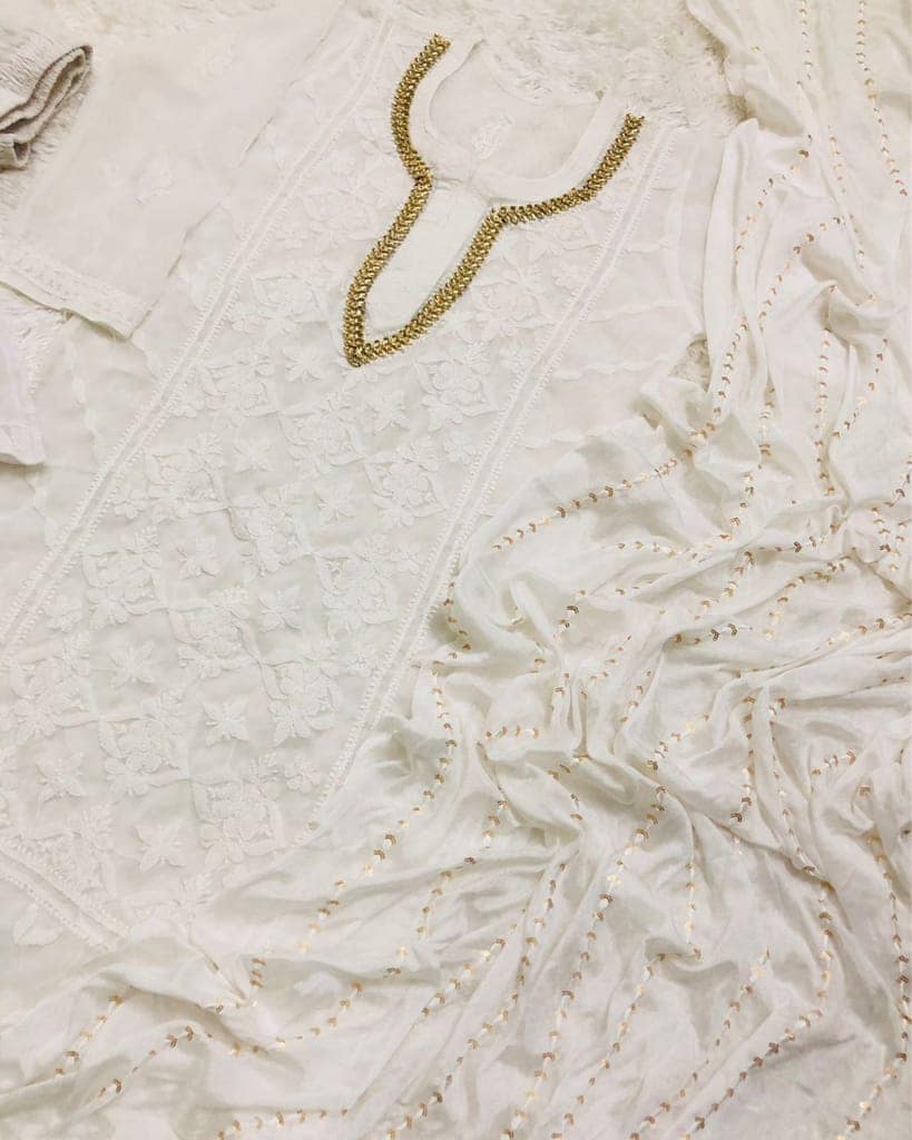 Georgette Chikankari Kurti and Plazo Set White Color with Dupatta and Inner-6674 view 3