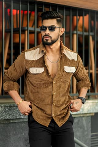 Mustard-Camel Double Pocket Cotrise Designer Shirt