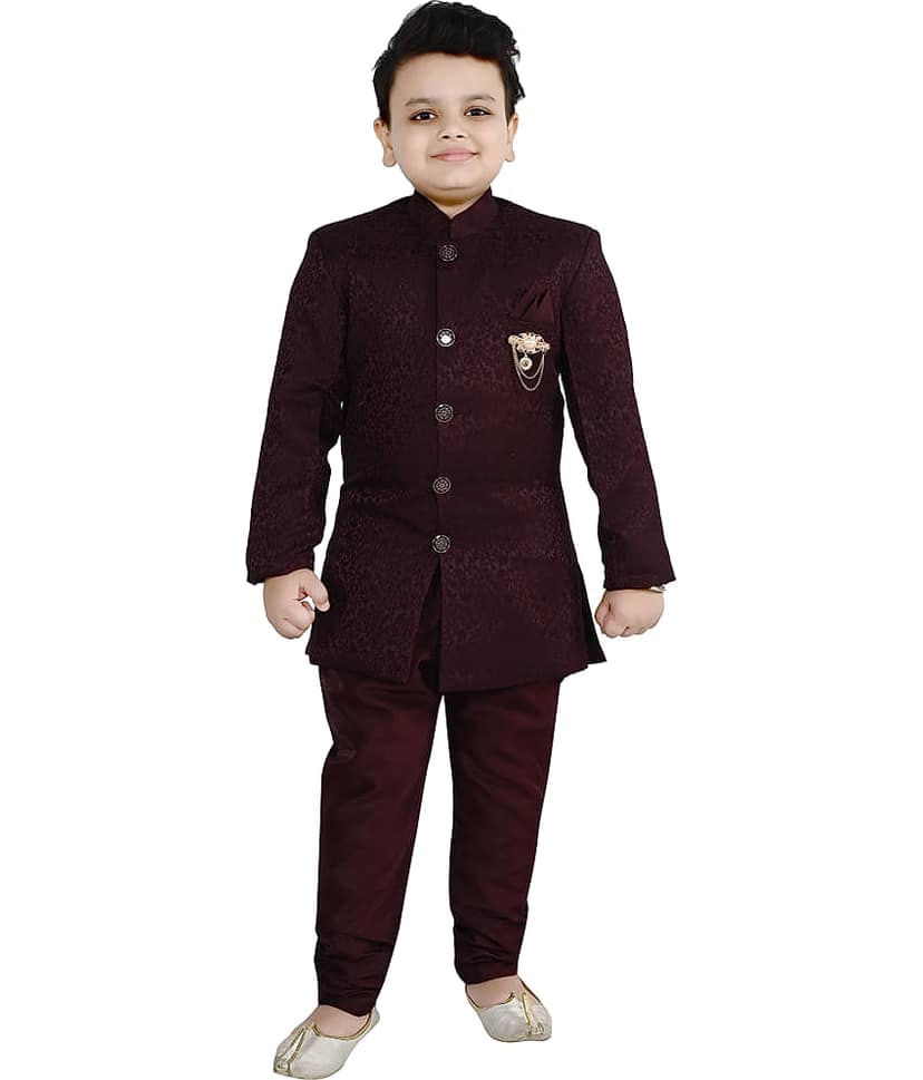 Arshia Fashions Boys Jacquard Wine Sherwani ( Pack of 1 )