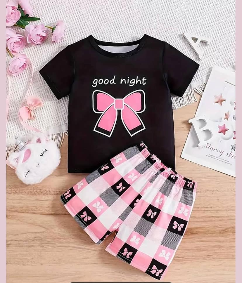 MUSNAH GARMENTS Pack of 1 Girls Cotton Blend Top With Shorts ( Black )