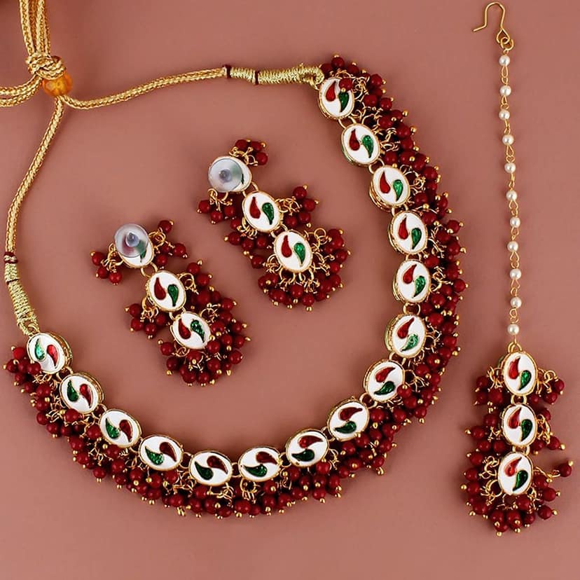 LUCKY JEWELLERY Back Meenakari 18k Gold Plated Maroon Color Tika Earring Combo Uncut Big Faux Kundan Choker Necklace set (796-J5SK-1811-M) view 2