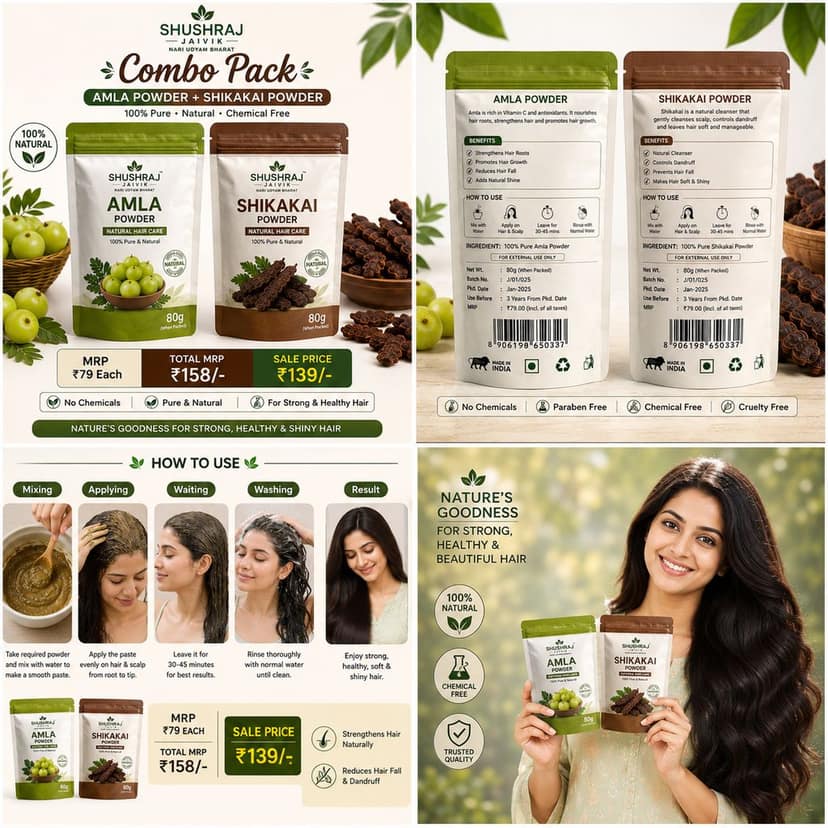 SHUSHRAJ JAIVIK Amla Powder & Shikakai Powder Combo Pack | Natural Herbal Hair Care | Hair Growth, Hair Fall Control & Scalp Cleansing view 7
